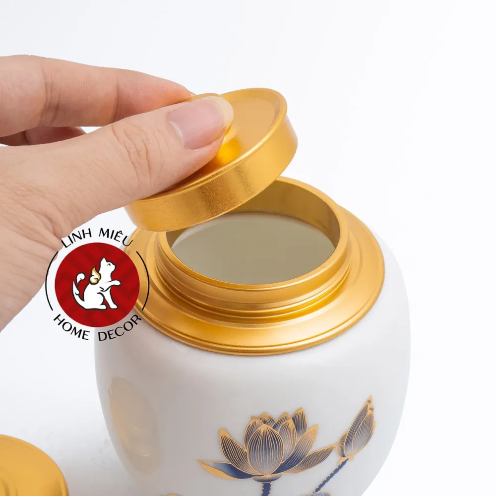 hũ đựng trà bát tràng gốm sứ sen đào đẹp quà tặng phật tử doanh nghiệp in logo