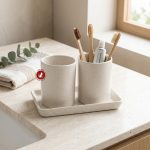 Bộ đôi cốc sứ dáng trụ loe men trắng chấm 250ml kèm khay chữ nhật 18cm Linh Miêu Bát Tràng – phụ kiện phòng tắm