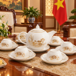 Bộ ấm chén sứ Bát Tràng Linh Miêu đặt trên bàn họp gỗ tối, phòng họp doanh nghiệp hiện đại