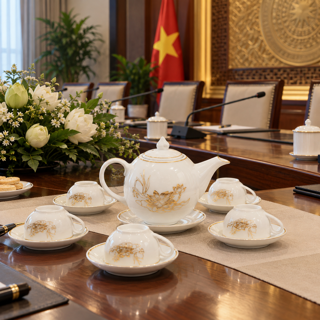 Bộ ấm chén sứ Bát Tràng Linh Miêu trên bàn họp cơ quan nhà nước — tinh tế, chuyên nghiệp