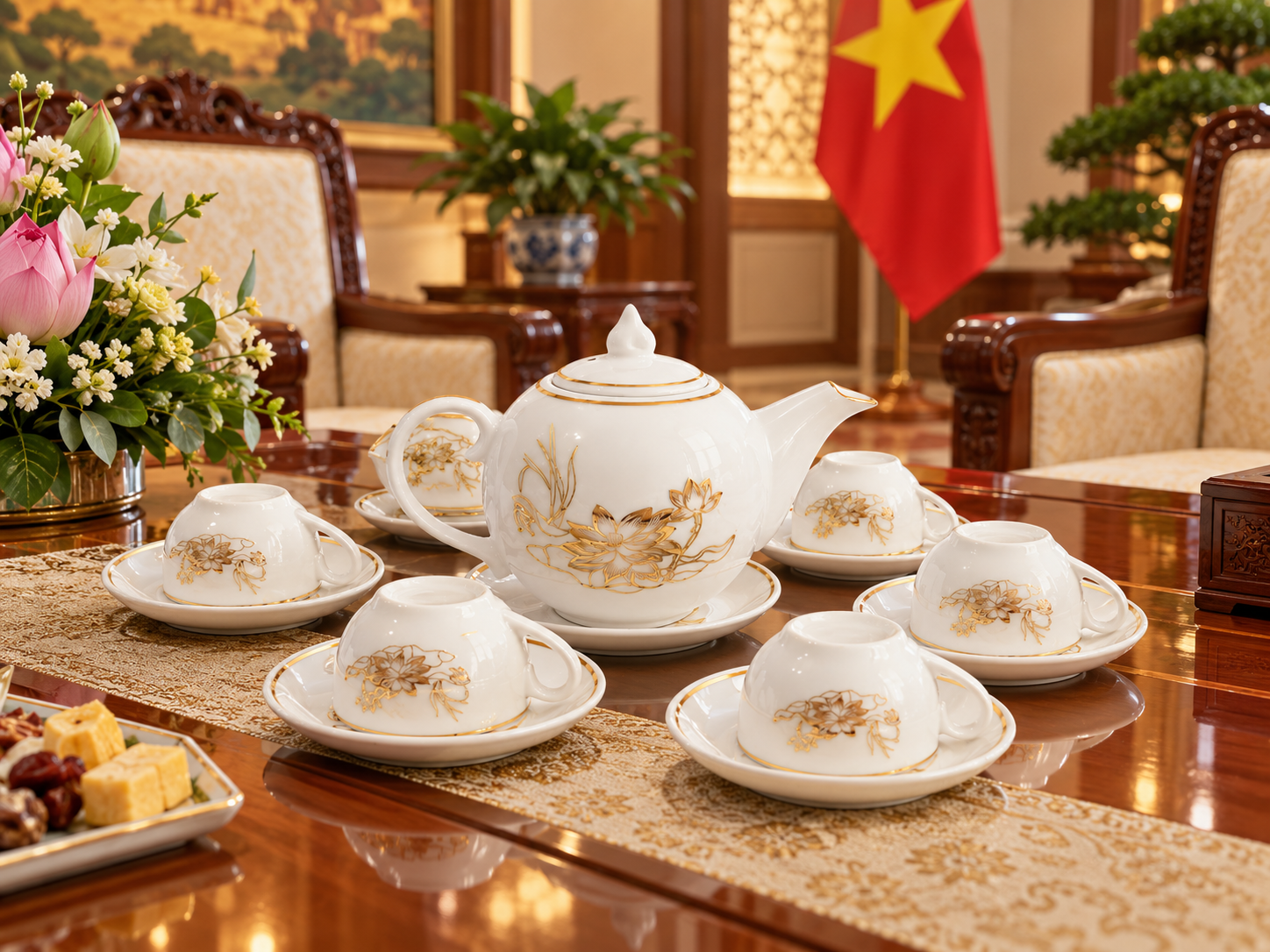 Bộ ấm chén sứ Bát Tràng Linh Miêu đặt trên bàn họp gỗ tối, phòng họp doanh nghiệp hiện đại