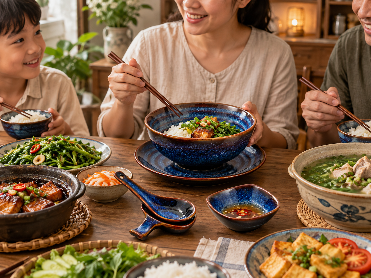 Bộ đồ ăn sứ Bát Tràng Linh Miêu gồm bát cơm, đĩa và chén nhỏ xếp ngay ngắn trên bàn gỗ sáng màu tự nhiên